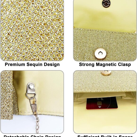 Evening Clutch Purse Gold Sparkling Elegant Crossbody Wedding Party - Picture 2 of 7